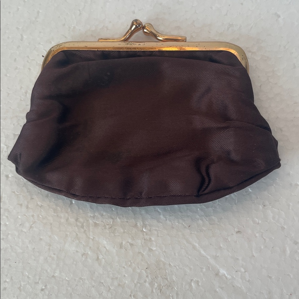 Vintage 1920s Jemco satin Brown coin purse Clutch wallet Gold kiss lock clasp